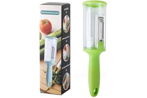 NITRAM Éplucheur de légumes et de fruits avec réservoir et grattoir à écailles de poisson. Éplucheur de pommes de terre avec conteneur et double lame acier inoxydable passe au lave-vaisselle (Vert)