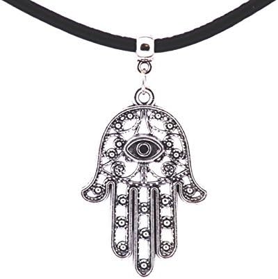 JewelTime Large Filigree Hamsa Hand with Evil Eye and Adjustable PU Leather Cord Choker