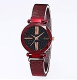 Fitbitt Quarzuhren, Mode Analog Quarz Uhren Magnetband Starry Sky Dial Armbanduhr für Mädchen/Frauen Wasserdicht,Red