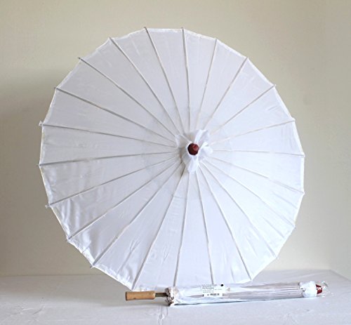 Sonnenschirm 006, Dekoschirm aus Kunstfaser, wasserfest in weiss aus Bambus mit Holzgriff