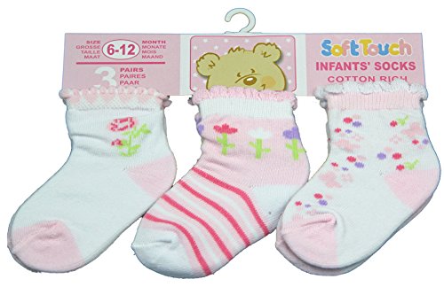 New 3 Pairs of Pink flower or Cupcake style childrens kids socks - baby girl 0-12 months (3-6 mnths, Flower)