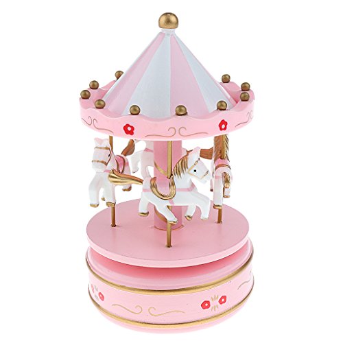 Holz Merry-go-round Karussell Aufzuwickeln Spieluhr Kinder Geschenk-pink - 8