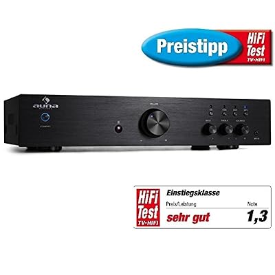 auna AV2-CD508 • Amplificateur audio Hifi • Home-cinéma • Chaîne stéréo • Amplificateur stéréo • 600 Watt de puissance maximale • Égaliseur à deux bandes • Aux-In • 3 entrées Stéréo-RCA-Line • Noir