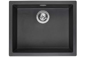 Reginox Amsterdam 50 BS Single Bowl Integrated Regi-Granite Metal Kitchen Sink, Heavy-Duty Inset and Undermount Sinks with Overflow Drainer, Waste Kit, Clips and Seals, Black Silvery
