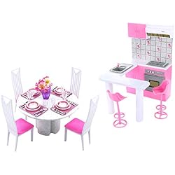 CUTICATE 2 Sets Mobilier de Cuisine pour Maison de Poupée 1/6 - Table, Chaise, Vaisselle