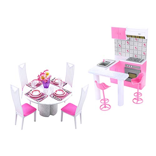 CUTICATE 2 Sets Mobilier de Cuisine pour Maison de Poupée 1/6 - Table, Chaise, Vaisselle