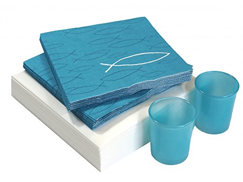 SET: 40 Servietten + 2 Teelichtgläser, Fisch Petrol Blau Weiß Kommunion Konfirmation Tischdeko - 2