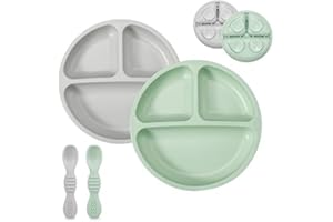 PandaEar Set di Alimentazione per Bambini in Silicone | 2 Piatti Divisi con Ventosa e 2 Cucchiai | Attrezzature per lo Svezzamento a Led, Utensili per l'Autoalimentazione (Verde/Grigio)
