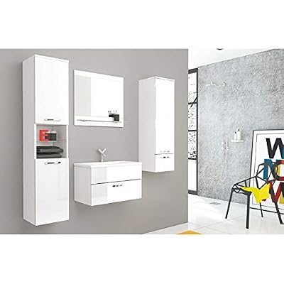 TOPDECO Ensemble meubles de salle bain laqué blanc Adel + 1 vasque + 1 miroir