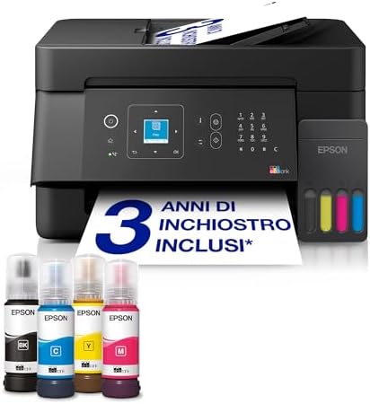 Epson EcoTank ET-4900 | Wi-Fi ed Ethernet | A4 | Stampa, copia, scansione, fax | Display LCD | Alimentatore automatico di documenti da 30 pagine | Compatta | Fino a 3 anni di inchiostro inclusi