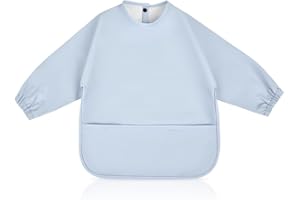 Vicloon Baby Weaning Bibs, PU Feeding Bibs with Long Sleeves and Large Pockets, Waterproof Toddler Bibs Easy to Clean, Suitable for Babies From 6 Months to 12 Months - Blue