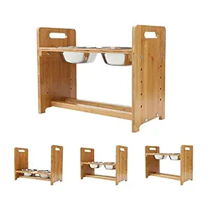 FOREYY Bamboo Adjustable Raised Pet Bowls(Medium)