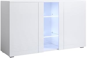 MB Muebles Bonitos, Aparador Mueble TV con Patas 2 cm Luke A1 para Salón o Comedor Moderno con Luz LED, Melamina Brillo, Color Blanco, 120 x 72 x 40 cm
