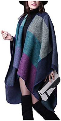 HiViolet Women's Stylish Ladies Elegant Wraps scarf scarves Tartan Plaid Knitted Winte Cape (Navy)