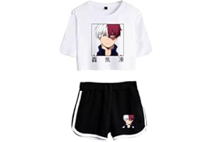 LKY STAR My Hero Academia T-Shirts und Kurze Hose Set Anime MHA Cosplay Deku Shoto Crop Top und Shorts 2pcs für Damen Mädchen