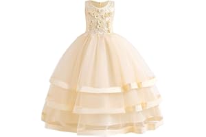 IWEMEK Fille Enfant Robe Princesse Mariage Fleur Brodée 3D Robe Demoiselle d'honneur Soirée sans Manches Longue en Tulle Dentelle Multicouches Anniversaire Carnaval Fête Pageant Cérémonie 5-16 Ans