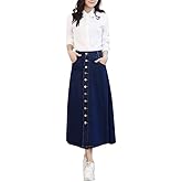 Tripursundari Fashion Maxi Denim Skirt, Navy Blue, Button Front, A-Line Style
