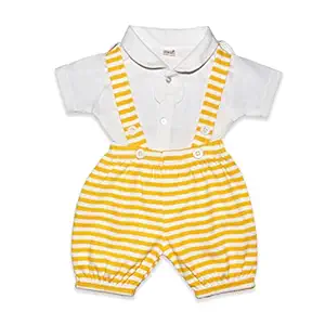 Happykid Stylish Dungaree Set for Baby Boys |Half Sleeves & Knee Length |Suitable as Casual & Party Wears (White and Yellow, 3-6 Months)