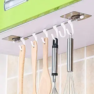 ZURATO Plastic ABS Stainless Steel Series Self Adhesive Bathroom Towel Rail Utensil Rack Kitchen Magic Sticker 6 Hooks Hanger for Cup (White, 40 X 7 cm)