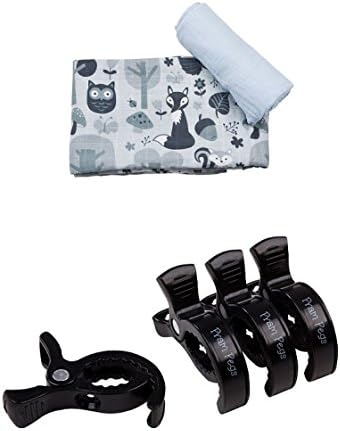 Little Rosa XL Premium Muslin Swaddles x 2 - Blue &amp; Woodland with Pram Pegs Black x 4. Attach to Pram/Buggy Quickly Securely