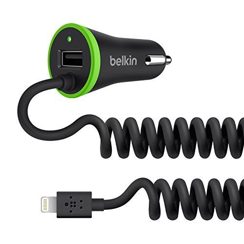 examen Belkin - Chargeur Allume-Cigare avec Câble Lightning Spirale et Port USB 1A Intégré pour iPhone, iPad & iPod - Noir