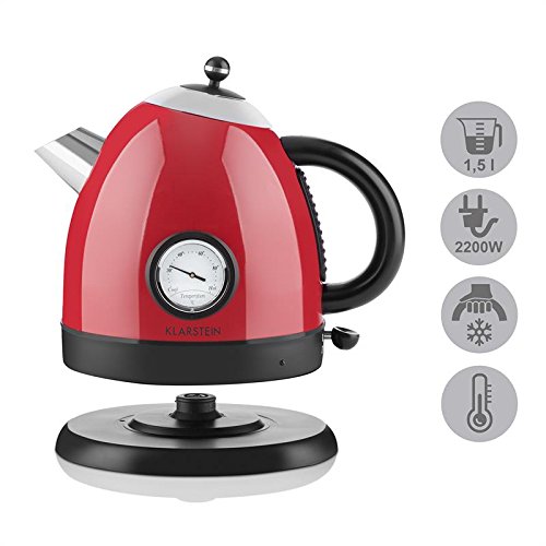 Klarstein • Aquavita • Wasserkocher • Teekocher • Retro Teekessel Design • 1,5 Liter • 2200 Watt • kabellos • Vintage Temperatur-Anzeige • Cool-Touch-Griff • Basisstation mit Kabelaufwicklung • geringe Standfläche • Trockengeh- / Überhitzungsschutz • rot - 5