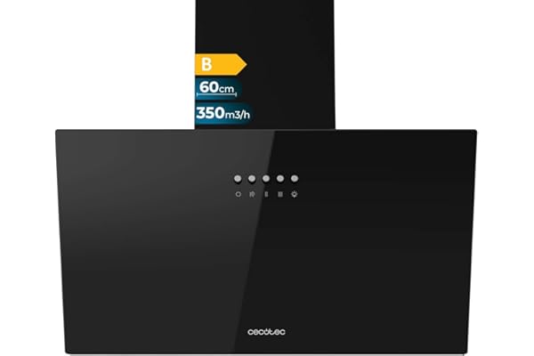 Cecotec Campana Decorativa 60cm Bolero Flux DM 603500 Glass Black B. Motor 65W, Bajo Consumo, Frontal Vidrio Negro, Succión 350m3/h, Control Mecánico, 3 Niveles Potencia, Luz y Filtro de Carbono