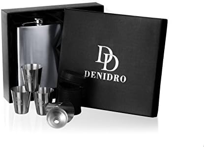 Denidro premium stainless steel hip flask gift set, with funnel and 4 cups in fine leather case, 8 ounces approximately 230 ml, ready to give away