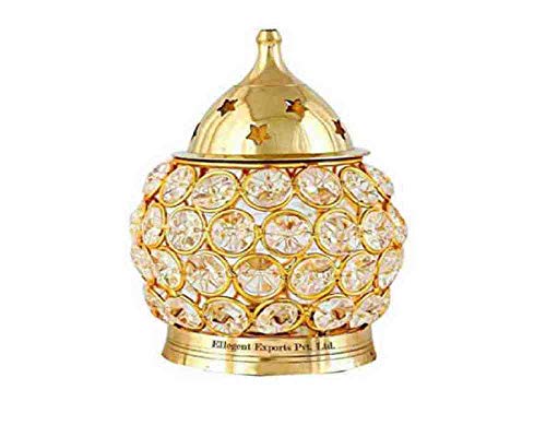 Brass & Gifts Akhand Diya Decorative Brass Oval Shaped Crystal Oil Lamp Tea Light Holder Lantern, 4.5-inch(Gold and White)