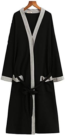 KYD Womens Mens Towelling Bathrobe Unisex Waffle Dressing Gown Cotton Lightweight Bath Robe For All Seasons Sleepwear(Black&amp;Grey-L)