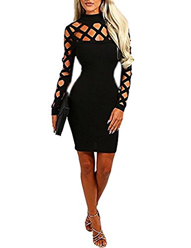 Minetom Sexy Robe Femme Haut De Cou Moulantes Manche Longue Mini Robe Partie Cocktail Robe Noir FR 34