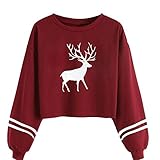 Hoodie Damen Sunnyadrain Design O Nacken Hirsch gestreift kurz Pullover Kapuzenpullover Sweatshirt Tops Lange Ärmel Outerwear Herbst Frauen-Damen