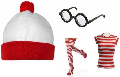Wheres Wally Womens Four Peice Set Size 8 Fancy Dress Costume T-Shirt Hat Glasses Striped Over The Knee Socks Size 8 (1StopClothingCo)