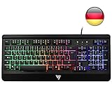 VicTsing Gaming Tastatur USB, Regenbogen beleuchtete Tastatur, Ganzmetallpaneel, QWERTZ Layout, 19 Tasten Anti-Ghosting, Wired Keyboard  PC/Laptop, wasserdicht, ideal fr Gaming und Bro, Schwarz - 