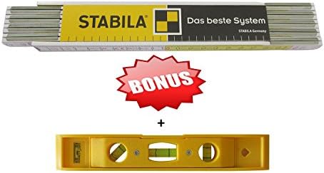 Stabila Wooden Folding Ruler 2m Yellow and White Recommended For Carpenters And Builders Bonus Plastic Torpedo Level with Magnetic Base 22cm