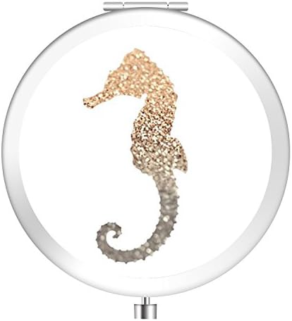 Folding Travel Mirror, Customized Portable Round Mini Makeup Mirror with Double Sides 2x &amp;1x Magnification Good Gift for Girls - Glitter Gold Seahorse