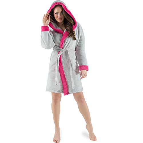 Damen Bademantel mit Kapuze, flauschiger Sherpa-Fleece, kurzer Sauna-mantel für Wellness Spa, CelinaTex, Trend Morgenmantel Serie Kos zweifarbig