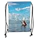 Produktbild Drawstring Backpacks Bags,Ocean Decor,Sunken Ship on Surface of Freshening Sea View with Cloudy Weather Nobody Print,Blue White Soft Satin,5 Liter Capacity,Adjustable String Closur