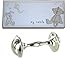 Baby Christening Gift. Button Corner Silver Rattle