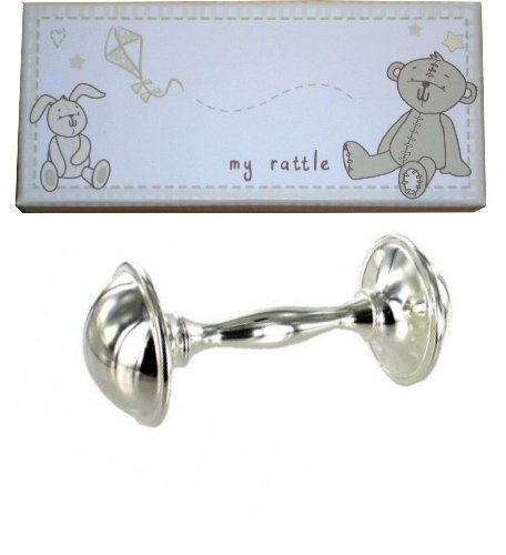 Baby Christening Gift. Button Corner Silver Rattle