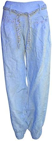 New Womens Linen Hareem Harem Cuffed Floral Tie Elasticated Waist Ladies Trousers Black Mocha Stone Coral White Navy Khaki Size 8 10 12 14 (10, Denim Blue)