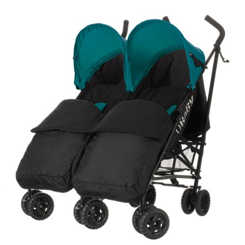 Obaby Apollo Black/Grey Twin Stroller and Black Footmuffs (Turquoise)