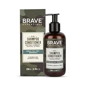 Brave Essentials 2 in 1 Shampoo Conditioner for Anti Frizz, Healthy, Dandruff Free Scalp & Hair Fall Control with Argan Oil & Tea Tree - 200 ml | Natural Ingredients & Powerful Actives | Paraben & Sulphate Free