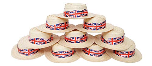 ILOVEFANCYDRESS UNION JACK STRAW BOATER HAT WITH 3CM BAND - UNISEX JUBILEE OLYMPICS TEAM GB (BUDGET/FAULTY) (PACK OF 25)