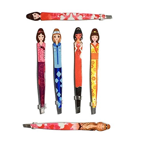 Pinkiou Eyebrow Tweezers for Hair Removal Eyelash Extension Cosmetic Remover Stainless Steel Slanted Edge Clip (Pack of 6)