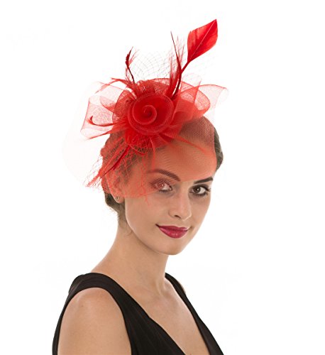 HaojingFascinator Hat Feather Mesh Net Veil Party Hat Ascot Hats Flower Derby Hat with Clip and Hairband for Women…