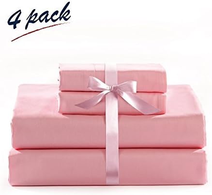 LOVO Bridget 4-Piece 100% Cotton Bedding Set Flat Sheet Fitted Sheet 2x Shams Queen Pink