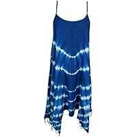 Mogul Interior Women Sexy Tank Dress Blue Tie-Dye Spaghetti Strap Tassel Hem Flare Sundress S/M