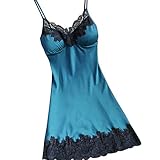 Women Satin Sleepwear Nightdress - Ladies Sexy Sleeveless Solid Color Lace V-Neck Lingerie with Chest Pads (Green, M)
