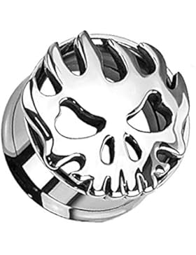 Paula & Fritz® Tunnel mit Schraubverschluss aus Edelstahl Chirurgenstahl 316L Eingeschnittener Brennender Totenschädel...